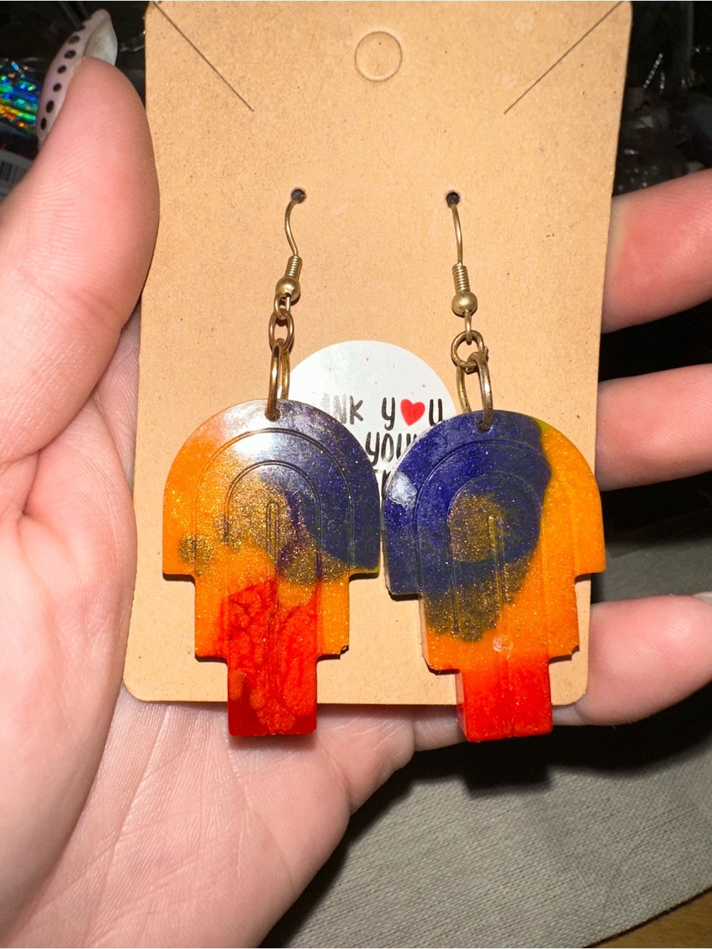 Handmade Orange, Red & Blue Resin Arch Dangle Earrings